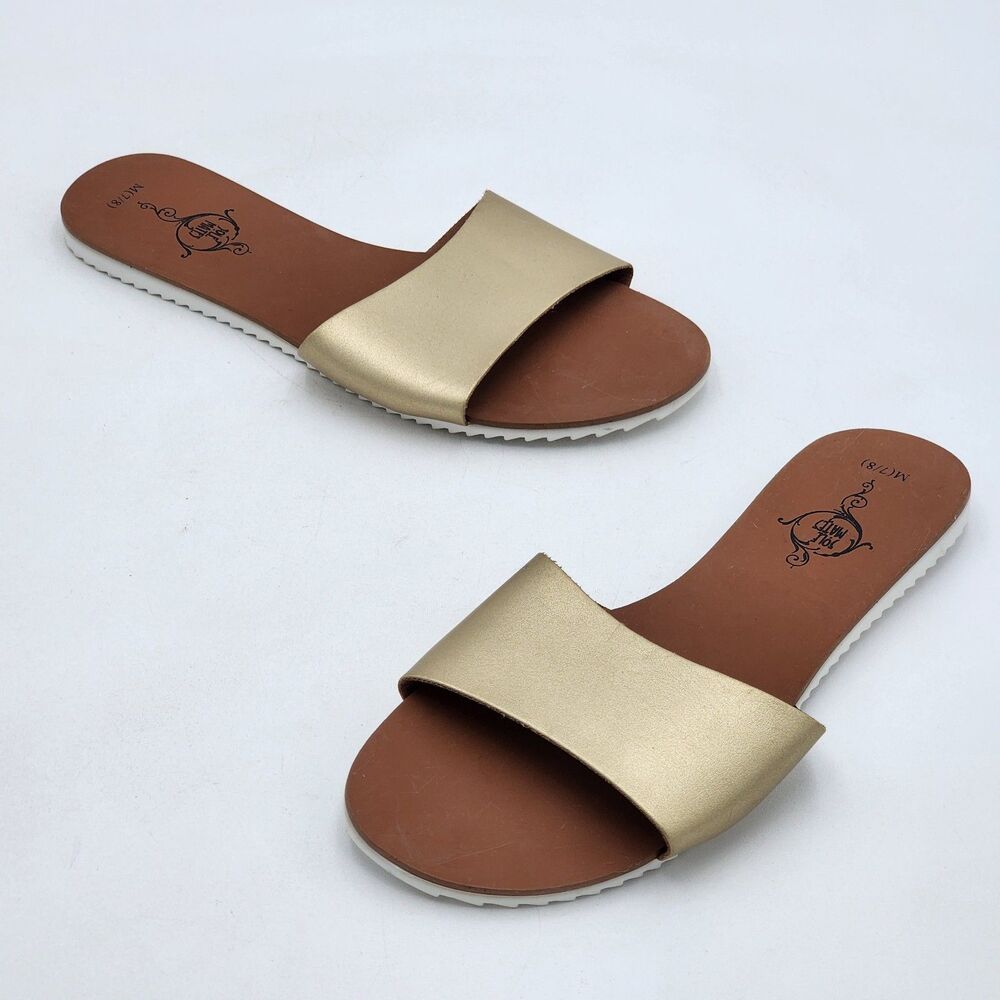 Sole Mates Casual Flat Leather Slide On Sandals Metallic Gold Size Medium 7/8